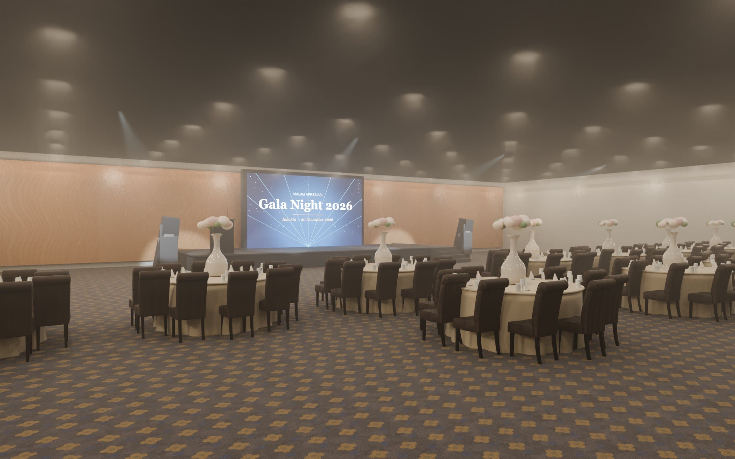 Render ballroom dari sudut pandang tamu