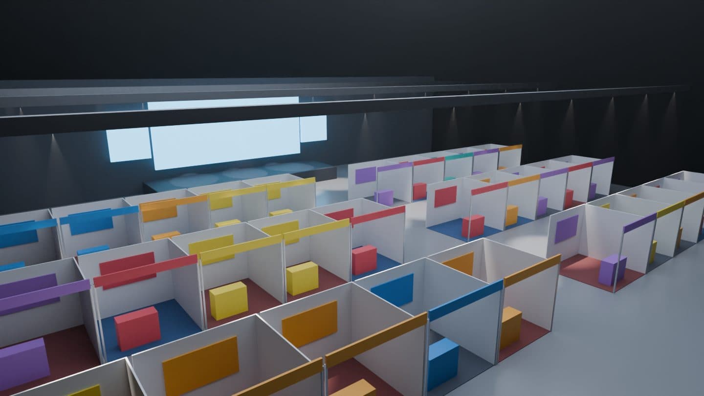 Render hall dengan panggung dan booth